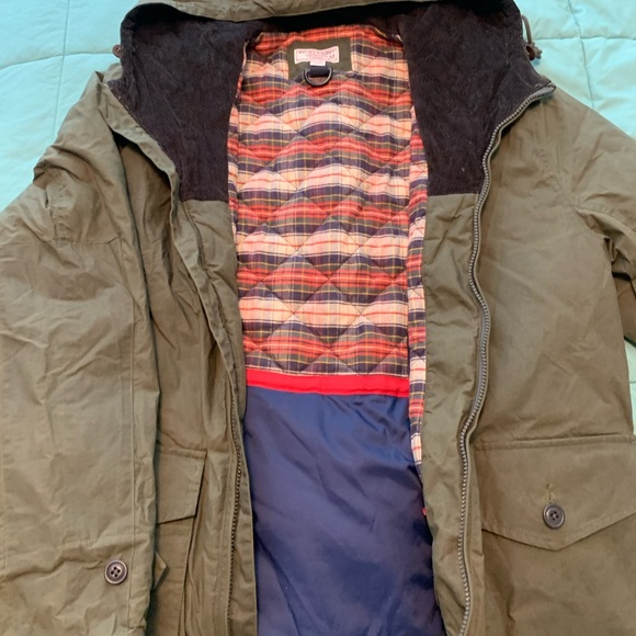 Wallace & Barnes olive colored hooded canvas jacket, plaid lined, men’s, size M - Picture 4 of 6